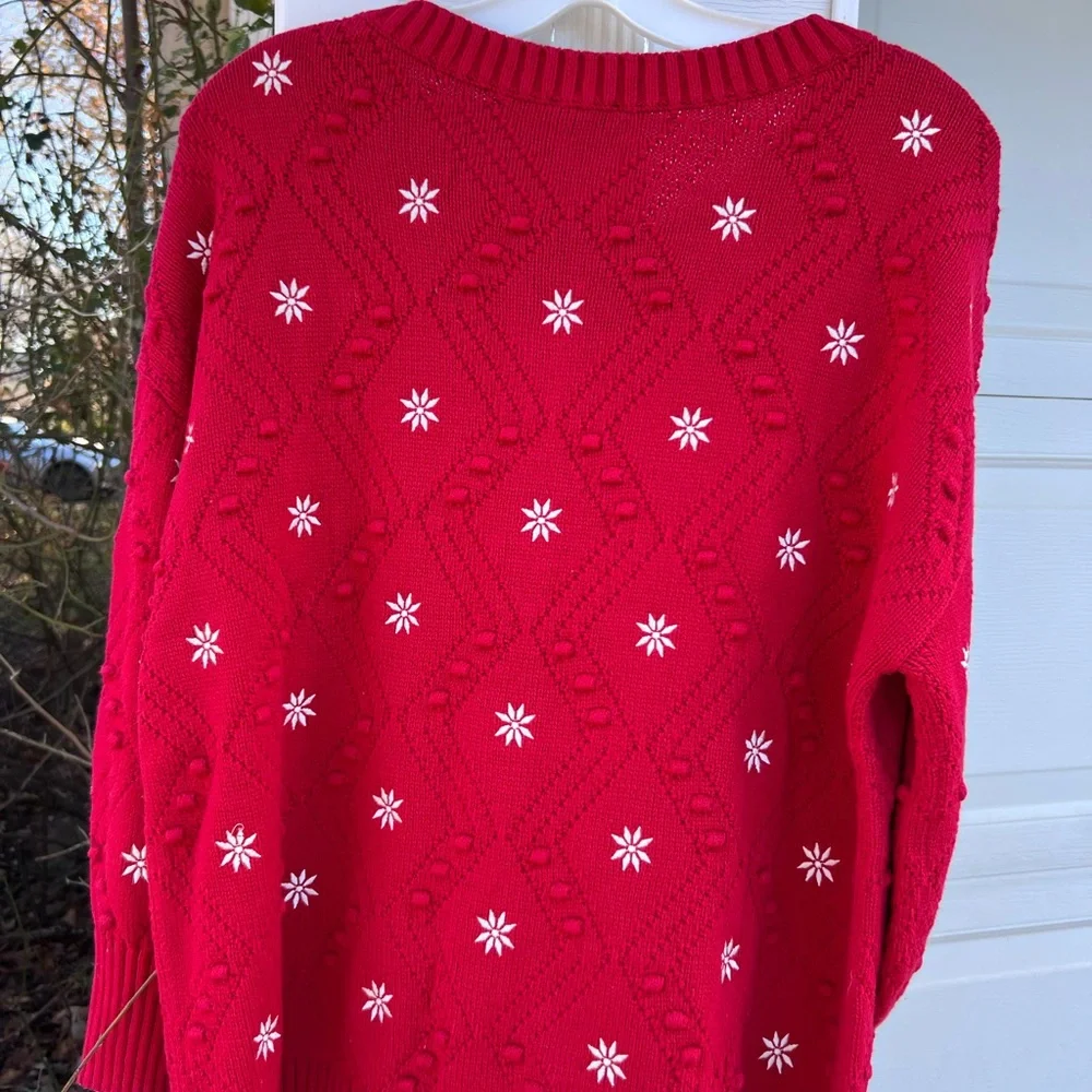 NWT Talbots Gorgeous Red Argyle Weave White Embroidered Flowers Cardigan